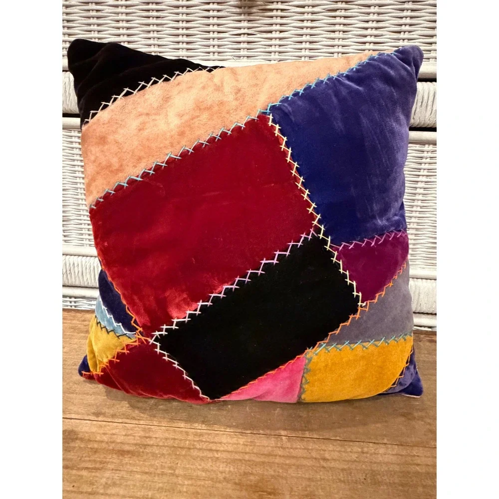 Bohemian Velvet Patchwork Throw Pillow Crazy Quilt Jewel Tone Cross Stitch 12x12